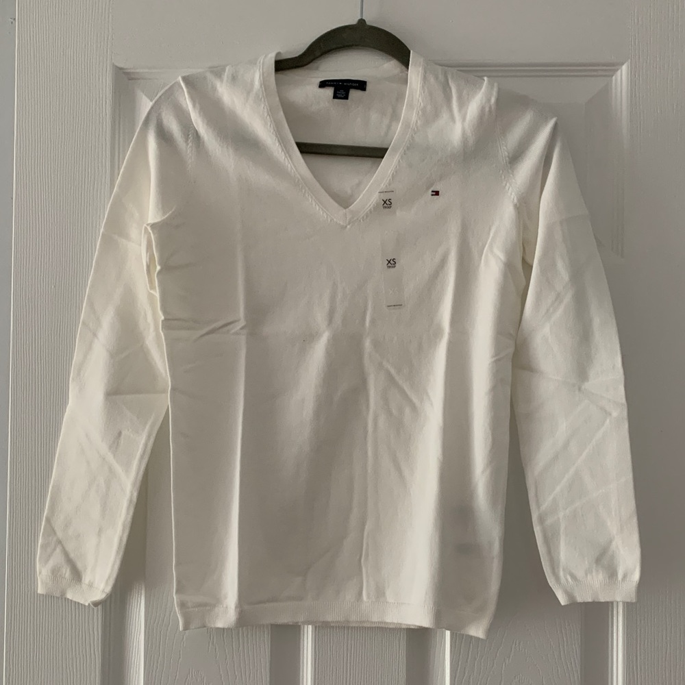 Tommy Hilfiger Cream White Long Sleeve V Neck Shirt